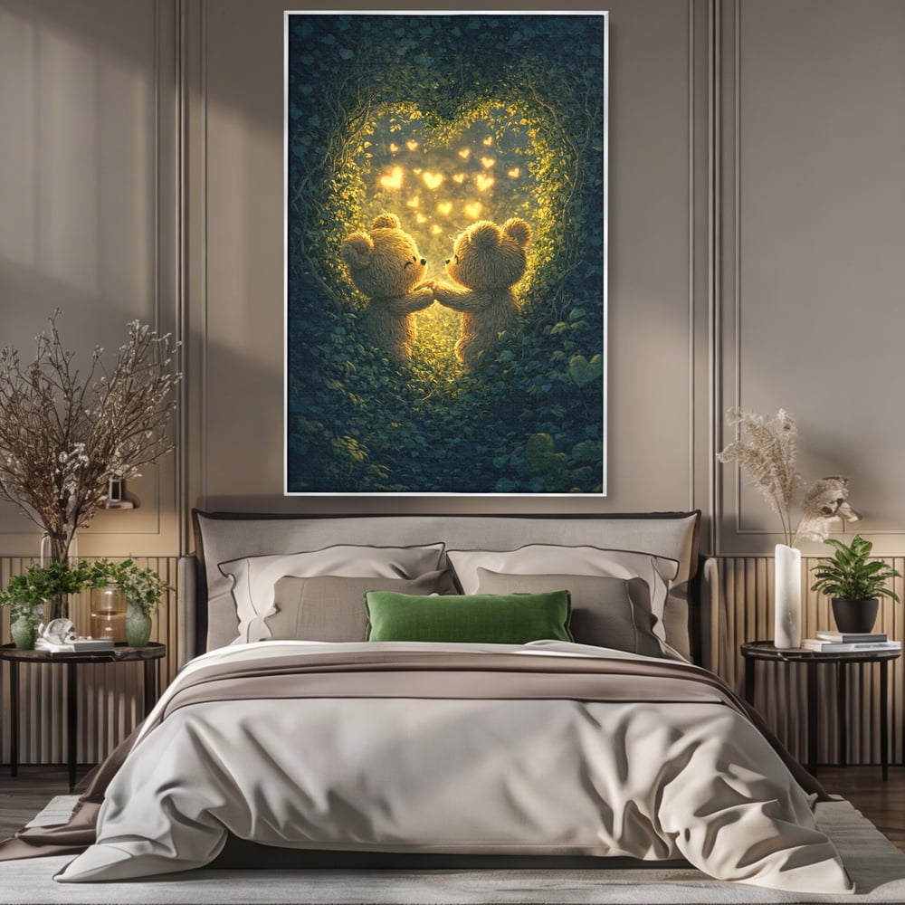 Tablou canvas cu doi ursuleti pufosi in padure, in rama de aluminiu argintiu, pe perete intr-un dormitor